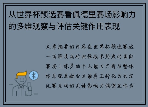 从世界杯预选赛看佩德里赛场影响力的多维观察与评估关键作用表现